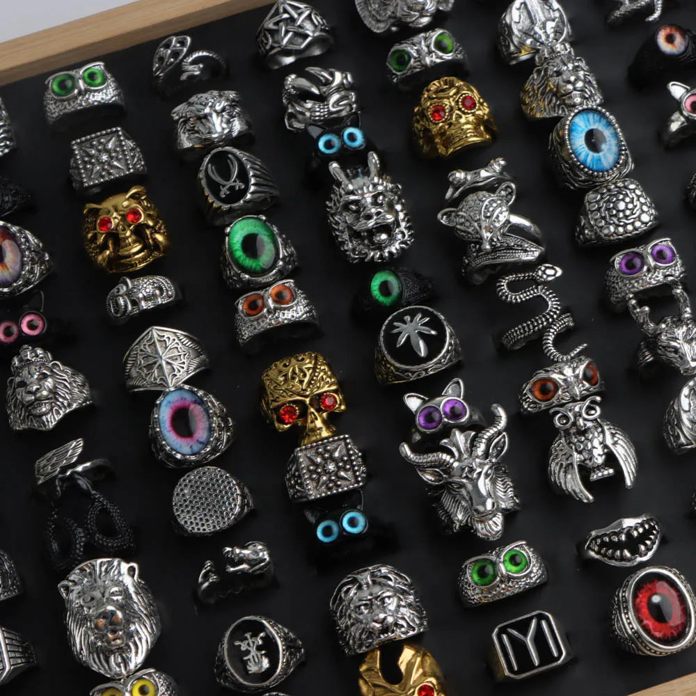 10/20/30/50Pcs/Lot Fashion Retro Punk Classic Skull Owl Rings for Men Women Hip Hop Jewelry Accessories Party Gifts Mix Style Pi-Mart