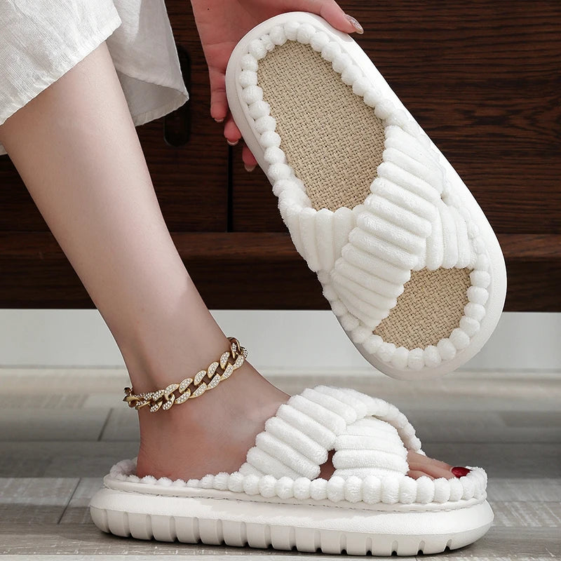 2024 Autumn Winter New Women Home Slippers Open-Toe Cross Band Linen Soled Indoor Slides Linen Soled Non-Slip Bathroom Slippers Pi-Mart