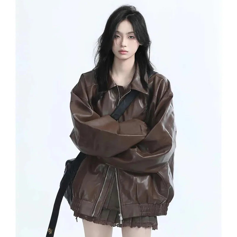 Retro Ladies Fashion Zipper Faux Leather Jacket Spring Autumn Women Long Sleeves Leather Coat 2025 Female PU Leather Outwear LadyShow.Store