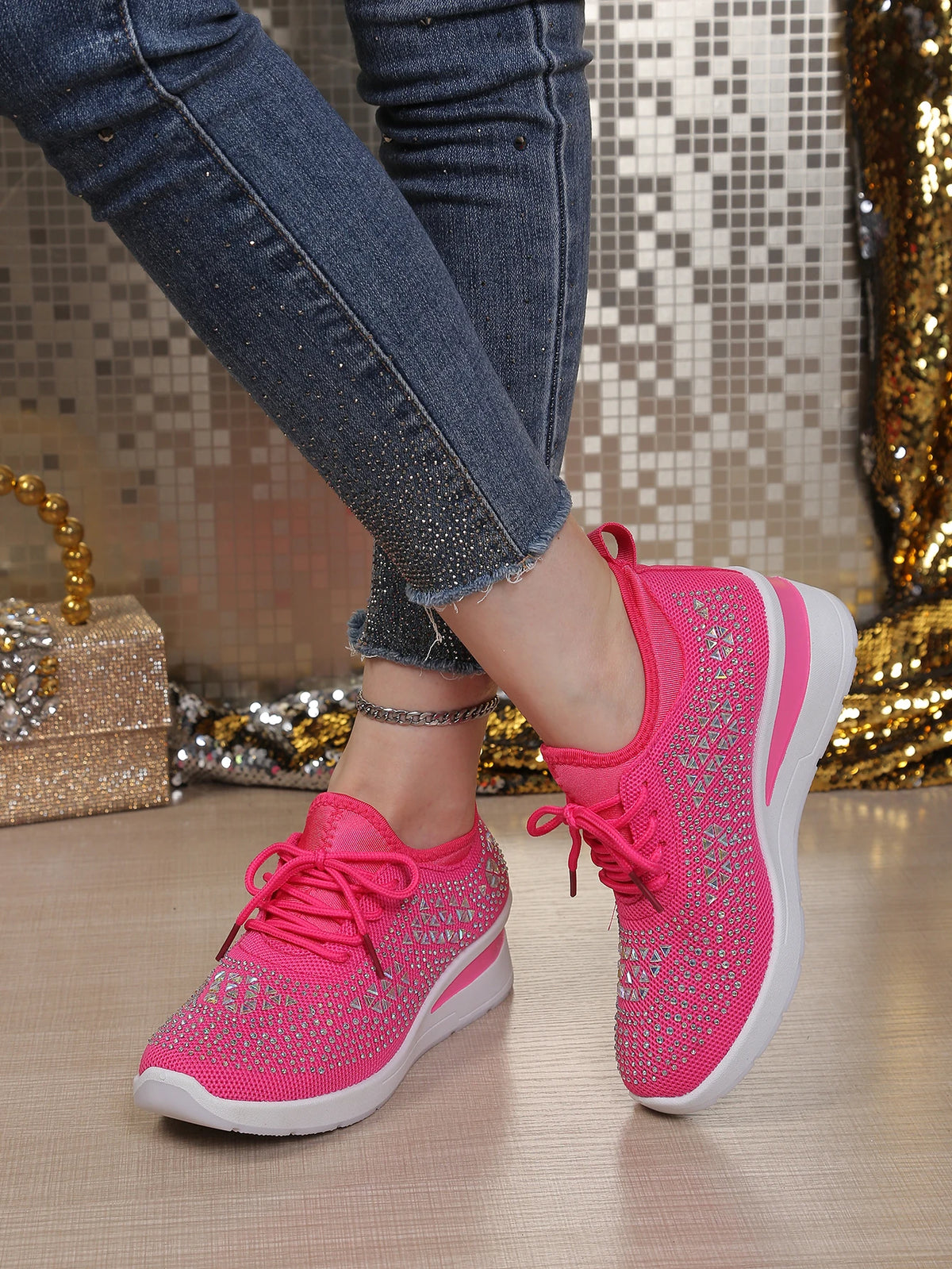 Women's Rhinestone Embellished Knit Mesh Wedge Sneakers, Adjustable Lace-Up Closure, Daily Walking Casual Footwear Pi-Mart