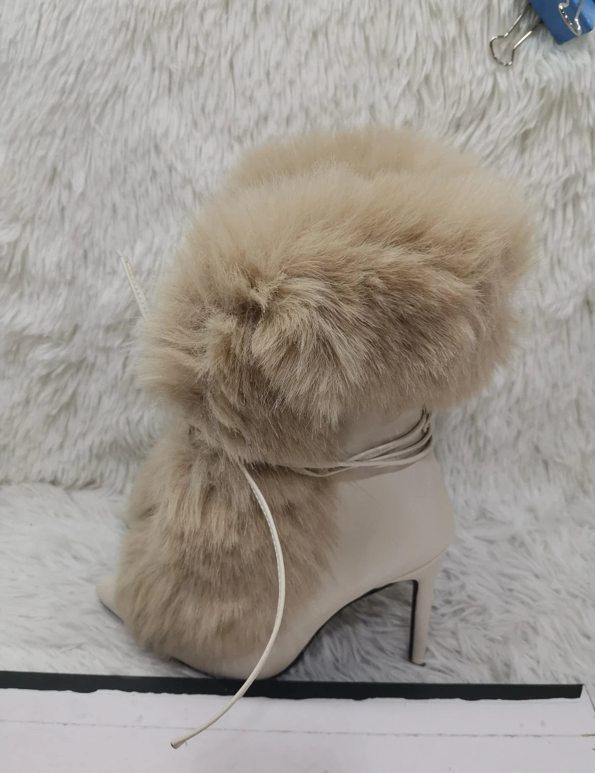 Pointed Toe Fur Mid Calf Boots Stiletto Heels Ankle Straps Fashion Warm Shoes In Winter Solid Plush Sexy Party Dress Shoes Pi-Mart