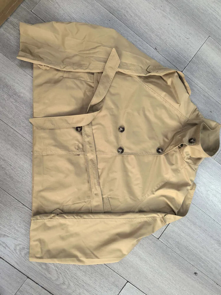 Belted Waist Cropped Trench Jackets Women Double Breasted Stand Collar Coats 2025 Autumn Chic Casual Vintage Jacket Women Cloth LadyShow.Store