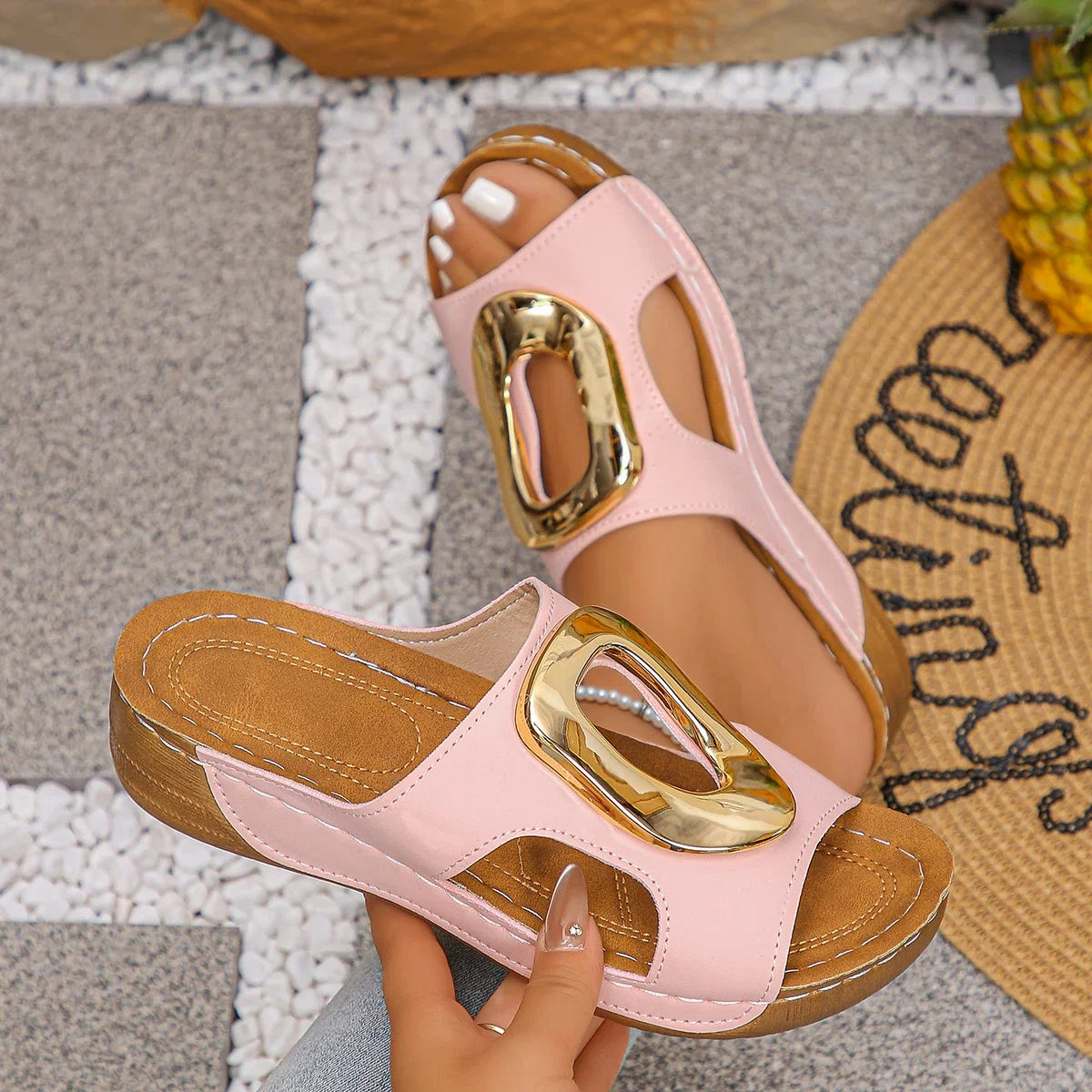 New Summer Women Fashion Slip on Slippers Beach Slippers Solid Color Round Head Wedges Casual Designer Shoes Slides Women LadyShow.Store