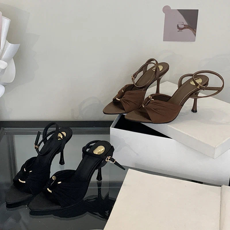 Eilyken Summer Fashion Thin Heels Pleated Hollow Out Buckle Strap Women Sandals Pointed Toe Banquet Party Female Shoes  6CM 9CM LadyShow.Store