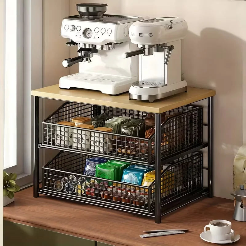 1 space saving kitchen countertop storage rack with drawers and metal baskets - sturdy multi-layer storage rack Pi-Mart