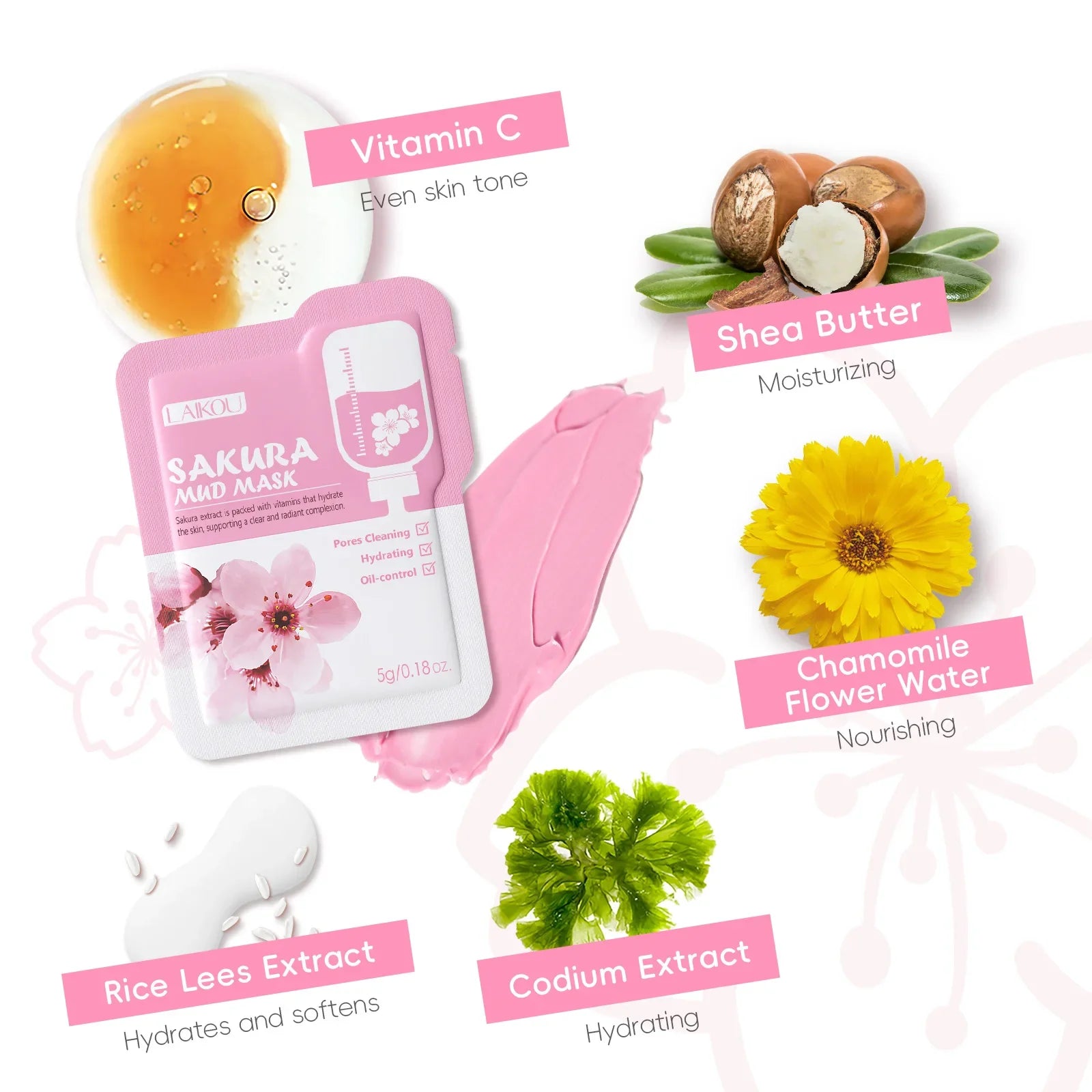 LAIKOU Japan Sakura Clay Mud Mask Hydrating Gentle Cleansing Refreshing Oil Balancing Daily Facial Skin Care Mask 5g Pi-Mart