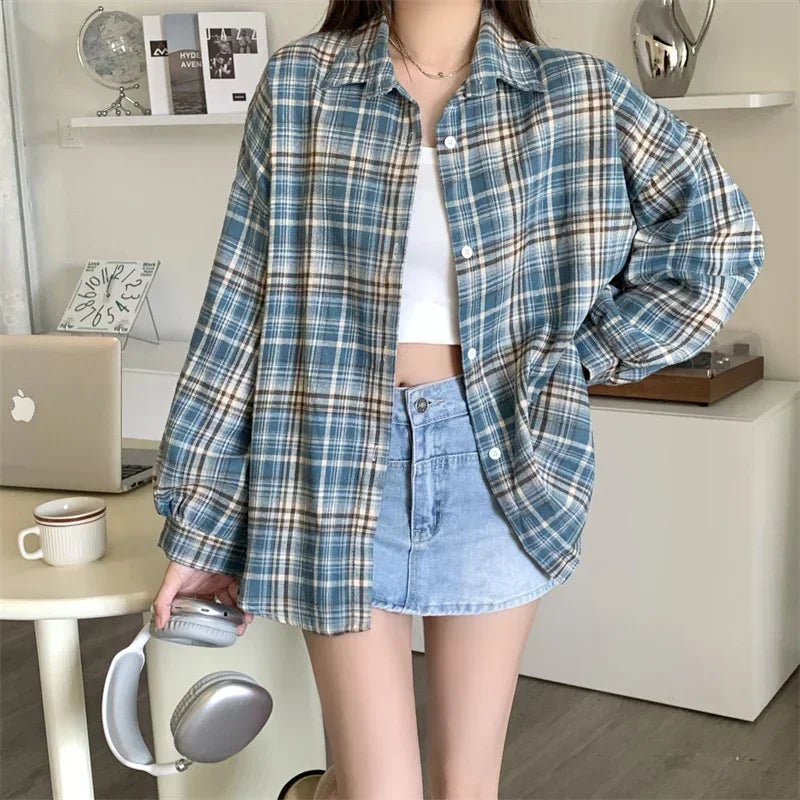 Black Flannel Shirt for Women Long Sleeve Collared Button-Up Tartan Plaid Shirt Jacket  Teen-girl Casual Everyday Outfit LadyShow.Store
