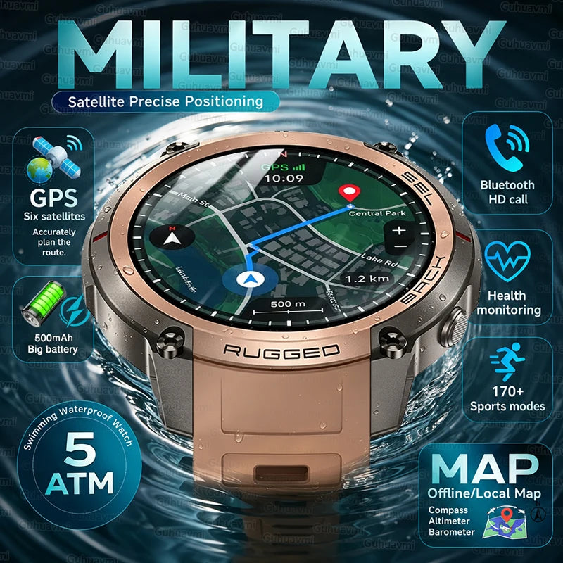 2026 Military Satellite Offline Map GPS Smart Watch Men 1.43''AMOLED Bluetooth Call Compass 5ATM Waterproof 170+Sport Smartwatch Pi-Mart