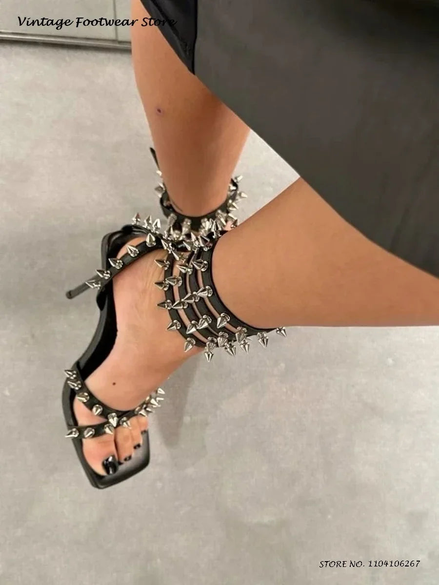 Punk Style Spikes Ankle Strap Stilettos Square Open Toe Thin High Heels Party Shoes Women's Streetwear Evening Trending Sandals LadyShow.Store