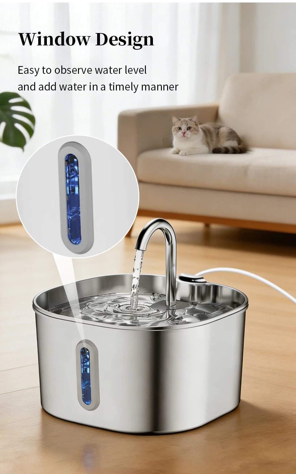 Large Capacity Cat Water Fountain Stainless Steel Automatic Pet Drinking Fountain for Indoor Cats Dogs Quiet Cat Water Dispener Pi-Mart