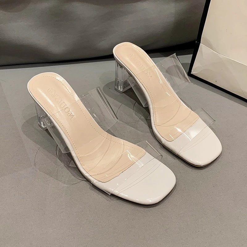Summer Women Pumps Sandals 9cm Jelly Slippers Sexy Open Square Toe High Heels Women Transparent Slippers Shoe Heel Clear Sandals LadyShow.Store