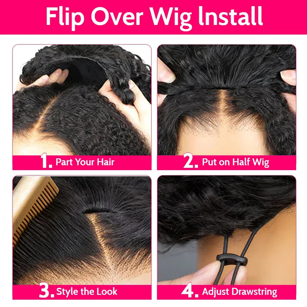 16 Inch 3 IN 1 Half Wig With Drawstring Seamless Human hair Wig Kinky Curly Headband Wig Upgrade for Women Summer Machine Wigs LadyShow.Store
