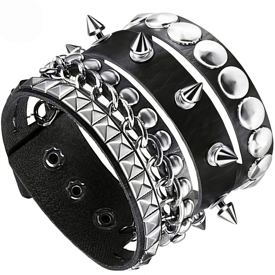 3Pcs/Set Vintage Emo Bracelets 3 Row Cuspidal Spikes Rivet Stud Wide Cuff PU Leather Punk Black Gothic Rock Unisex Accessories Pi-Mart