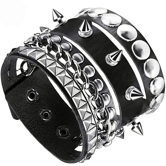 3Pcs/Set Vintage Emo Bracelets 3 Row Cuspidal Spikes Rivet Stud Wide Cuff PU Leather Punk Black Gothic Rock Unisex Accessories Pi-Mart