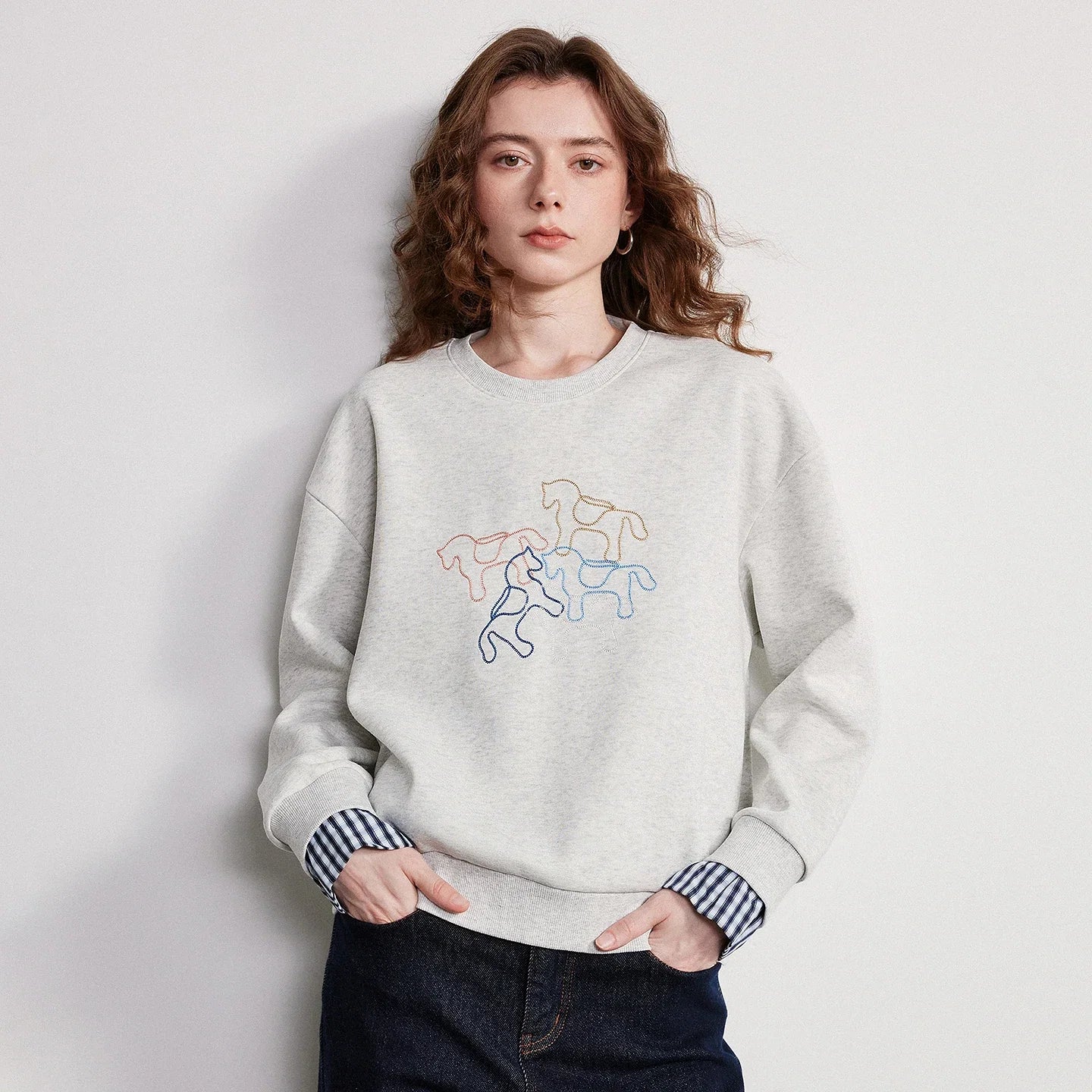 TOYOUTH Women Crewneck Patchwork Plaid Fake Two-Piece Pony Embroidery Loose Sweatshirt 2026 Spring New Tops LadyShow.Store