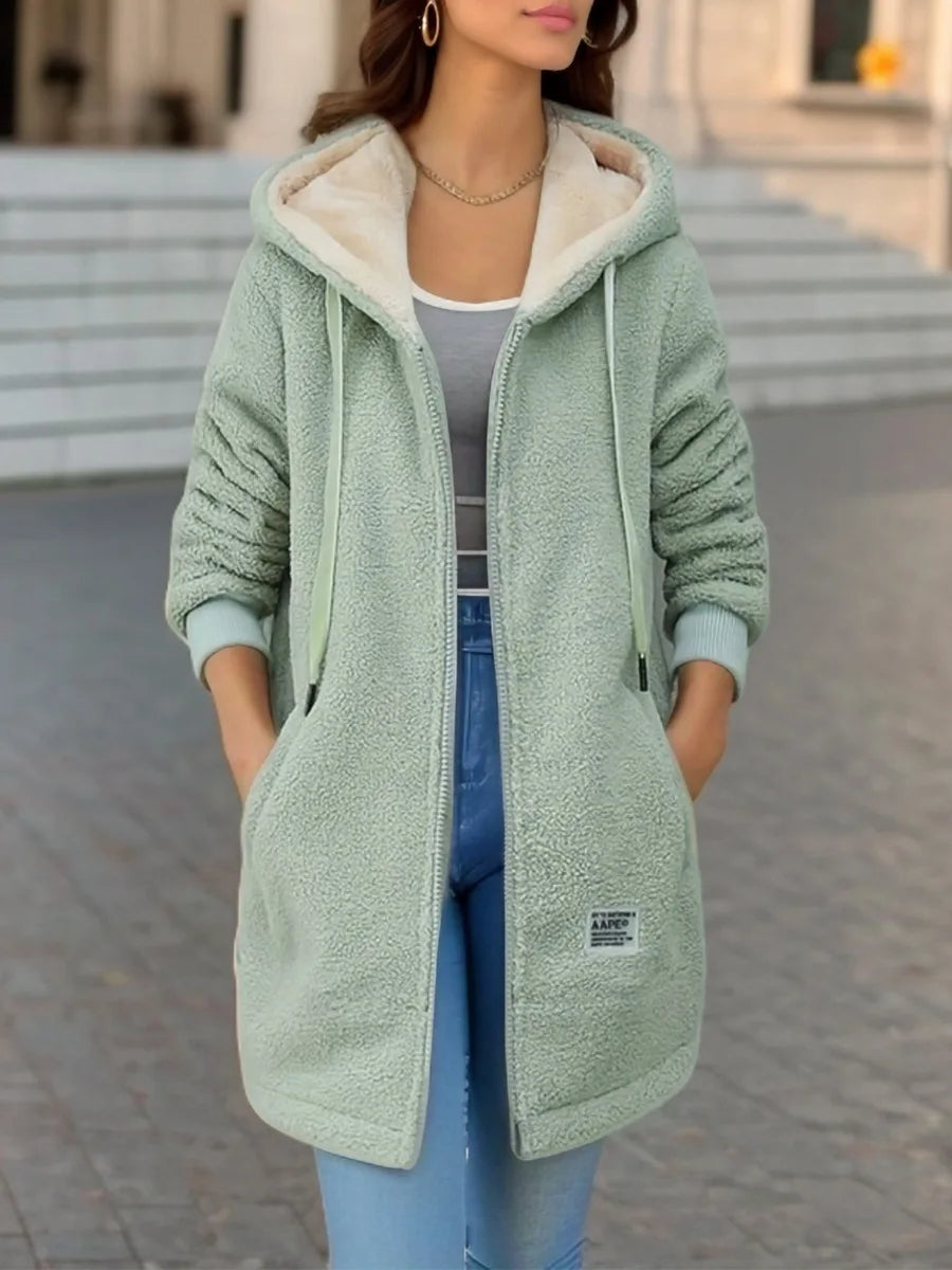 Women's Hooded Top  Winter Coat Thickened Fleece-lined Sweatshirt Cardigan Winter Trendy New Style Lamb Wool Jacket Ladies Pi-Mart