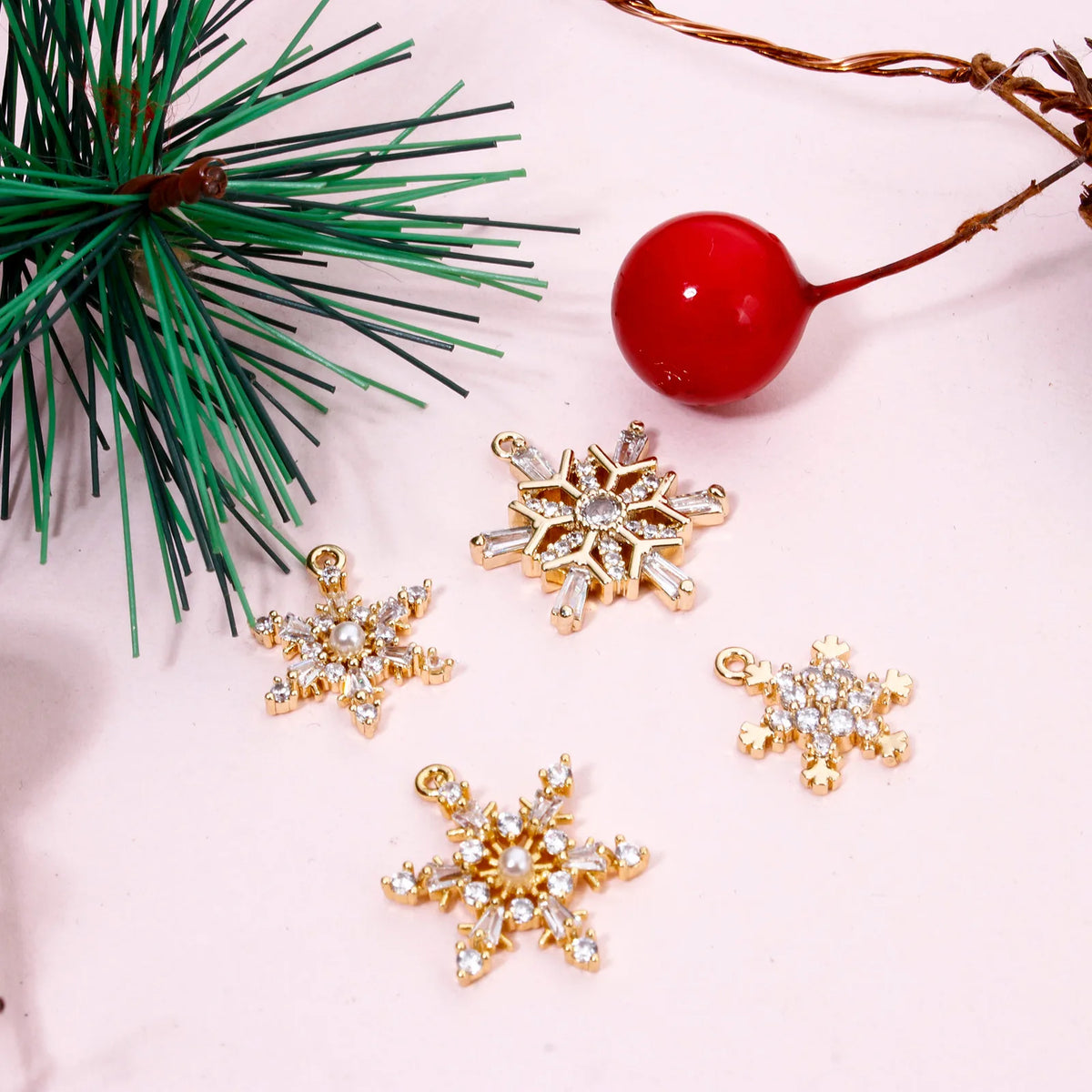1 Piece Brass Christmas Charms 18K Gold Plated Christmas Snowflake Clear Cubic Zirconia Pendants For DIY Jewelry Making Findings Pi-Mart