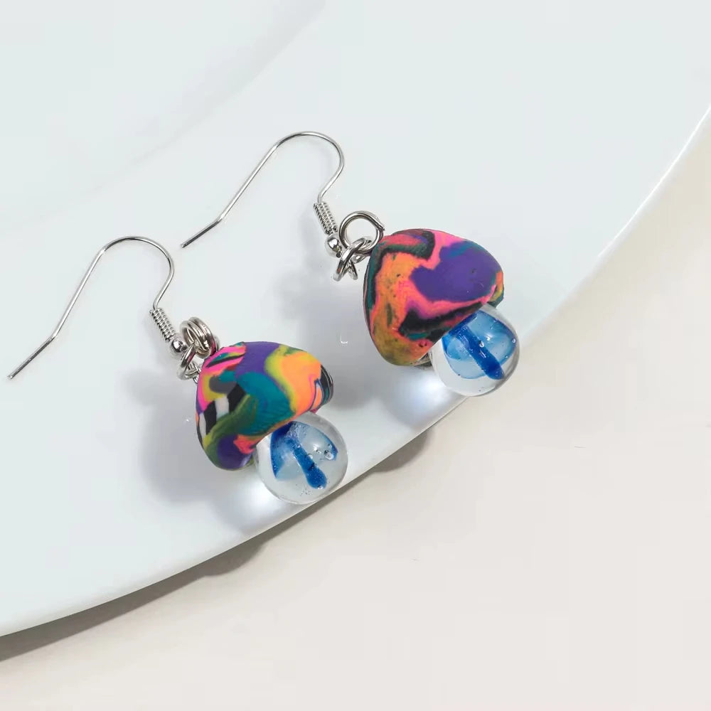 New Cute Polymer Clay Mushroom Acrylic Drop Earrings for Women Cartoon Colorful Flower Pendant Earring 2024 Trend Jewelry Gift Pi-Mart