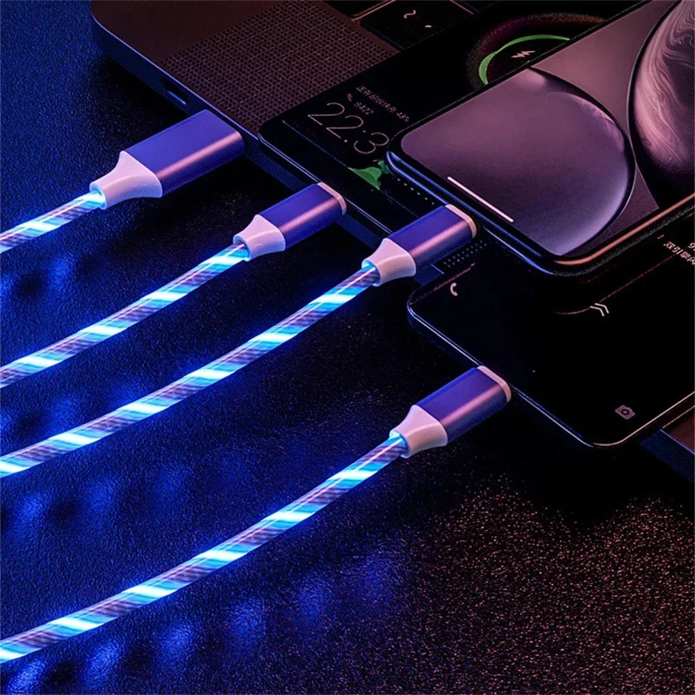 Glowing LED Light USB 3 IN 1 cable Phone Fast Charging Charger Luminous Type C Cable For Xiaomi iPhone Phone Accessories Pi-Mart