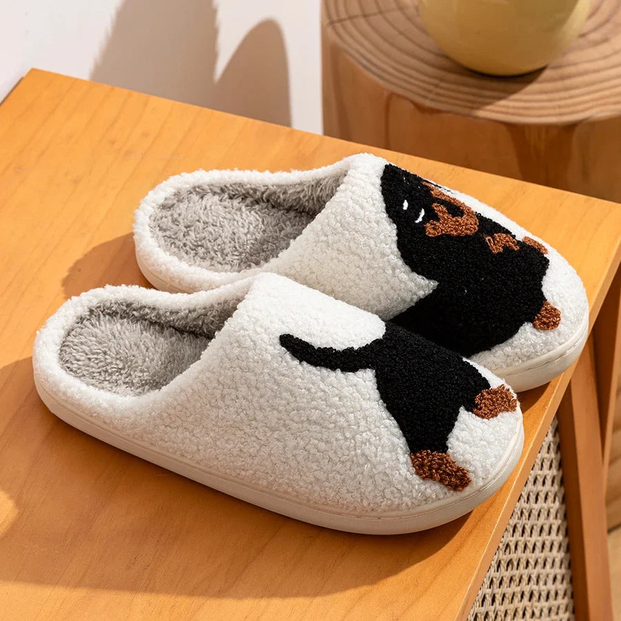Winter Women's Slippers Cute and Interesting Cartoon Little Black Dog Indoor Warm Comfort Home Bedroom Soft Causal Plush Shoes LadyShow.Store