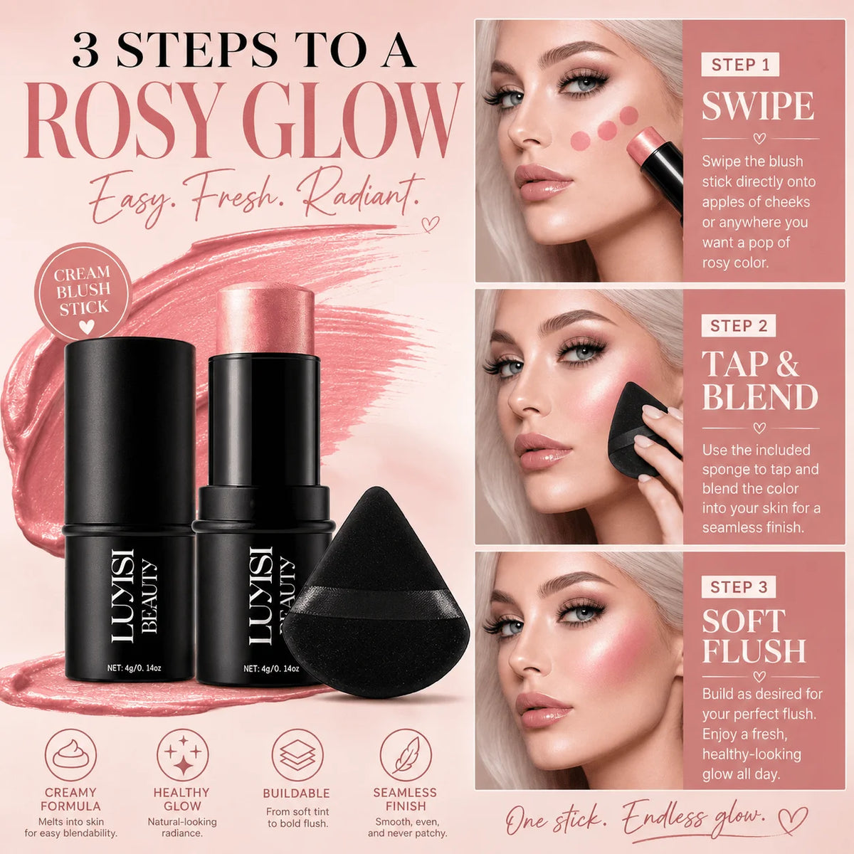 1PC Soft Rosy Color Blush Stick,Creamy Face Makeup,Waterproof,Natural Radiant Glow Finish, Lightweight Cheek,For Daily Makeup, Pi-Mart