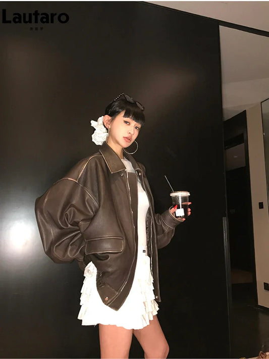 Lautaro Spring Autumn Cool Handsome Retro Oversized Distressed Brown Soft Faux Leather Jackets for Women Zipper Runway Fashion LadyShow.Store