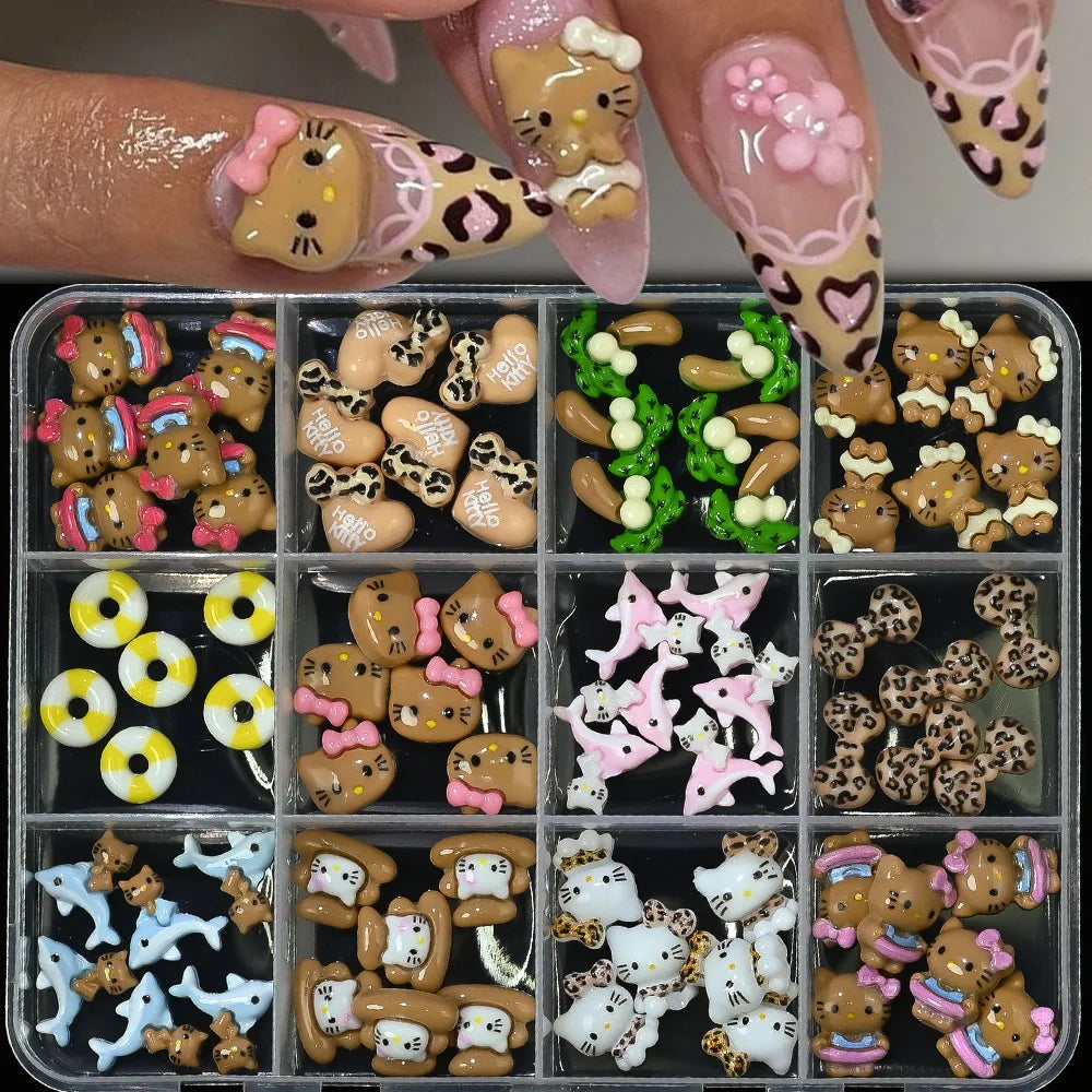 120PCS Box Mixed Hello Kitty 3D Nail Charms Cute Cartoon Resin Ornaments Kawaii DIY Nail Art Manicure Decor Accessories Pi-Mart
