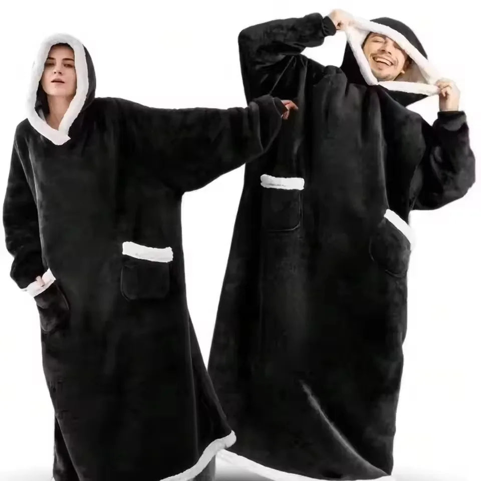 180cm Super Long Flannel Blanket Pyjamas with Sleeves Winter Hoodies Sweatshirt Women Men Pullover Fleece Giant Oversized Outdoo Pi-Mart