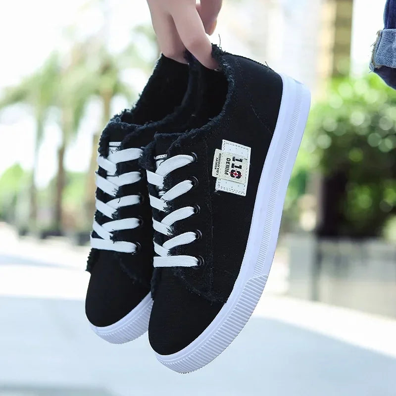 2024 Spring Summer Women Canvas Sneaker Low Top Denim Sneakers Ladies Lace-Up Flat Canvas Board Shoes Female Sapatos Femininos Pi-Mart