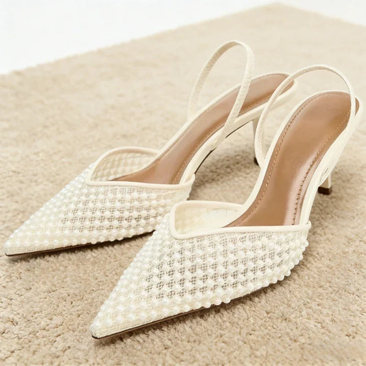 Mesh String Bead Brand Sandals Women Pumps Pointed Toe Elegant Slingback High Heels Female Designer Banquet Wedding Dress Shoes LadyShow.Store