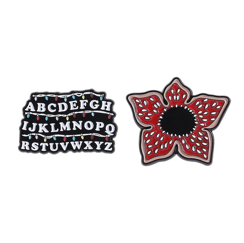 Sci-fi Horror Movies Brooch Enamel Pins Red Cannibal Flowers And 26 English Letter Brooches Backpack Lapel Badge Jewelry Gifts Pi-Mart