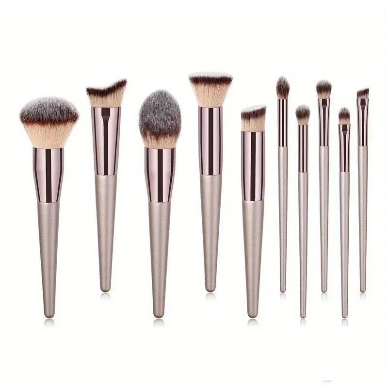 10 Pcs Champagne Gold Makeup Brushes Complete Set of Foundation Loose Powder Blush Concealer Eye Shadow Professional Set Tri Light Beauty
