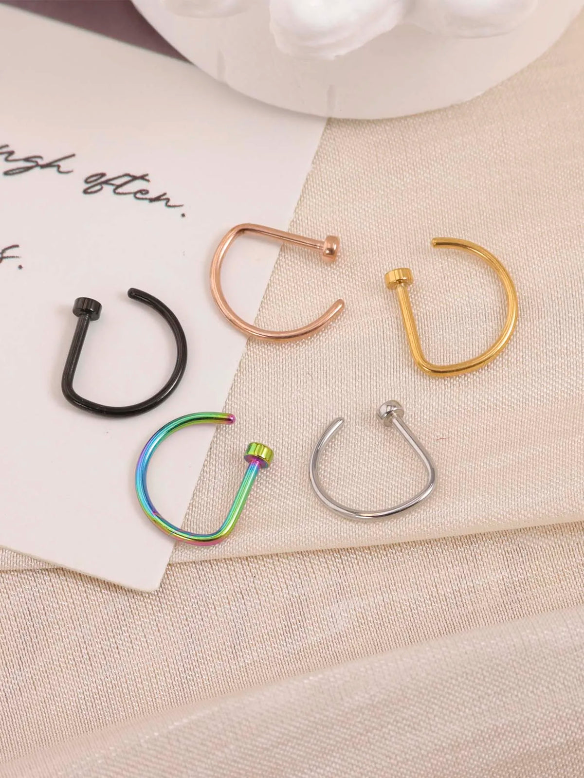 New Curved Barbells Fake Nose Piercing D Shaped Tragus Helix Stud Earring Hoop Septum Stainless Steel Ring Nostril Body Jewelry Pi-Mart