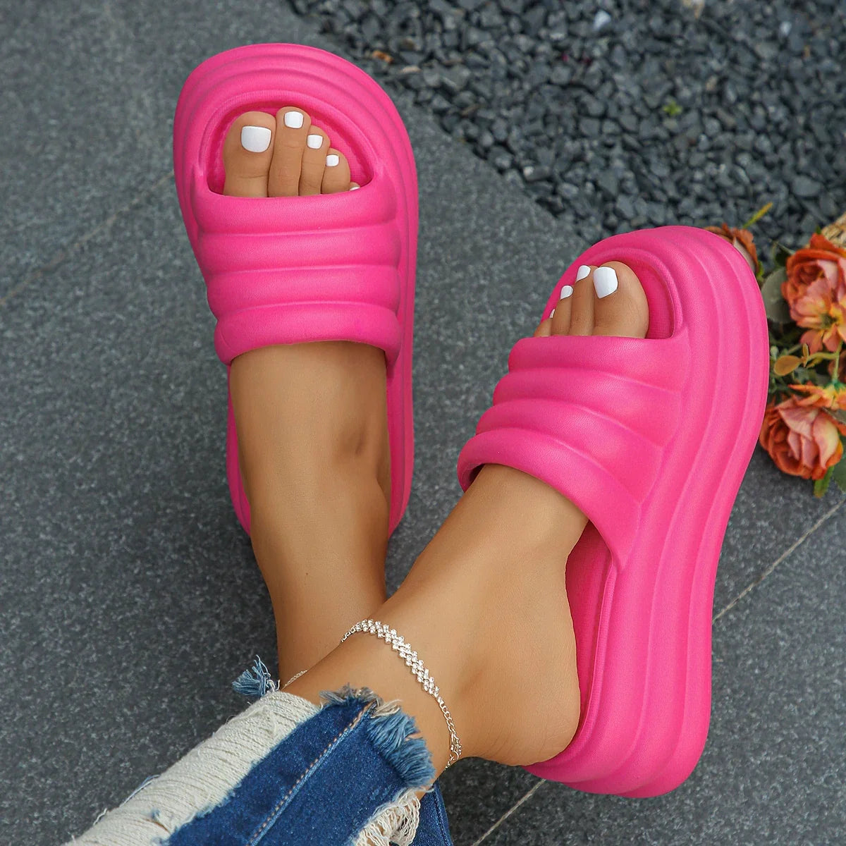 Hot Pink Chunky Platform Slippers Women Summer 2024 Thick Bottom Wedge Heels Sandals for Woman Non Slip Outdoor Flip Flops Mujer LadyShow.Store