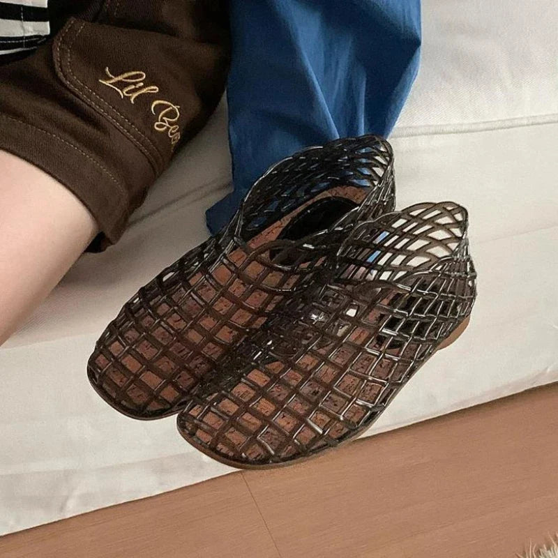 Women's New Flat Sandals with Hollow Transparent Color Mesh Jelly Shoes Woman Daily Walking Flats Plus Size 41 Soft PVC Footwear LadyShow.Store