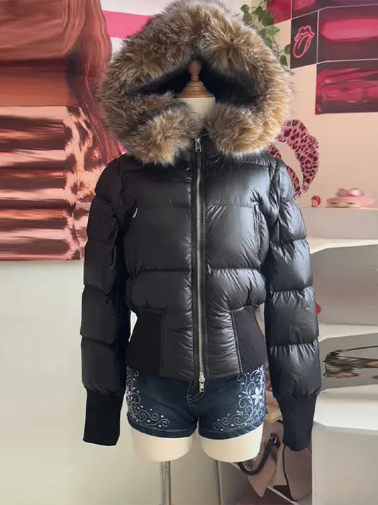 Y2K Retro Slim Women's Autumn and Winter Title Seamed Cotton Jacket Faux Fur Collar Long Sleeve Jacket 2025 New Jacket LadyShow.Store