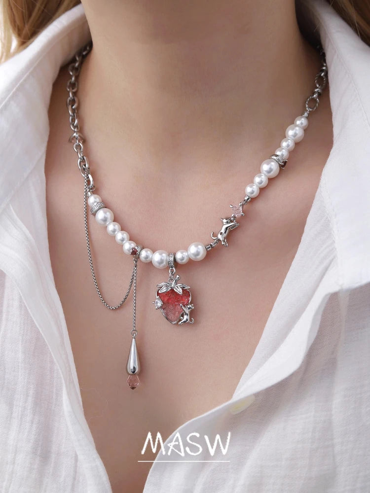 MASW Original Design Elegant Temperament Pink Strawberry Pendant Necklace For Women Wedding Gifts Modern Jewelry Accessories Pi-Mart