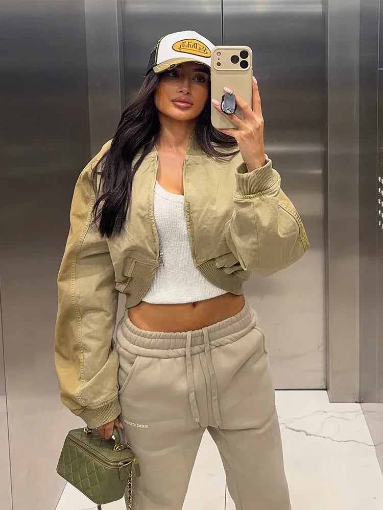 Fashion Short Bomber Jacket Women Casual Long Sleeve Round Neck  Zipper Loose Cropped 2026 Jackets Lady Spring Street Outerwear LadyShow.Store