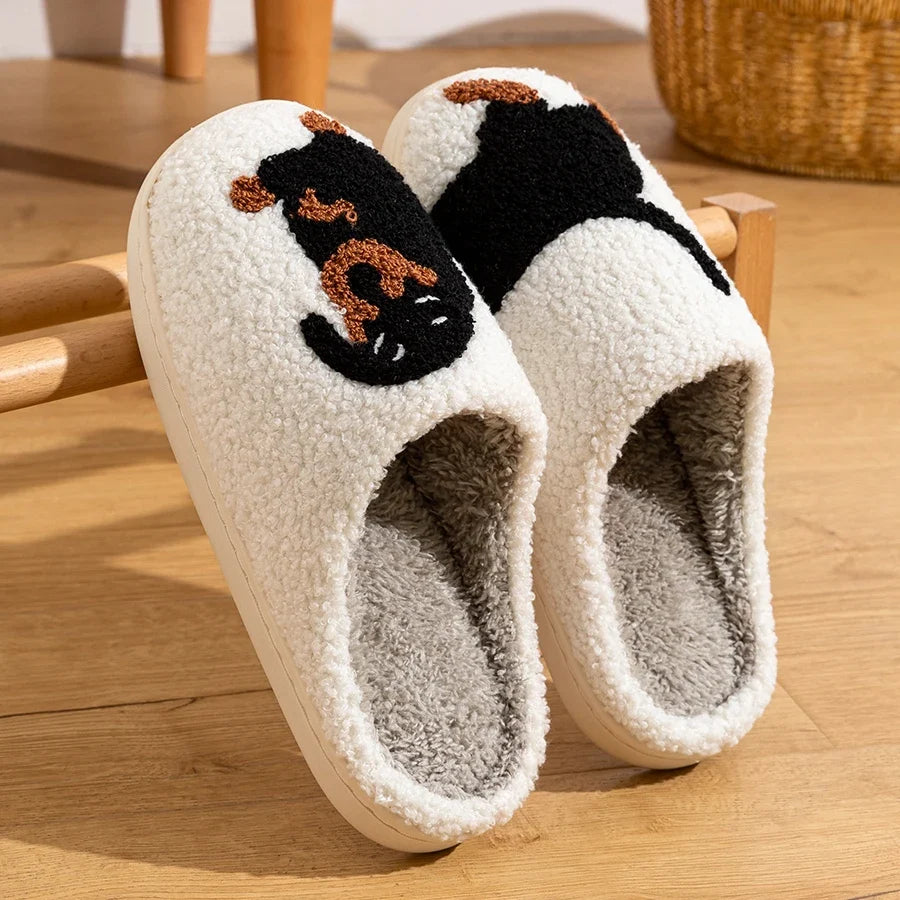 Winter Women's Slippers Cute and Interesting Cartoon Little Black Dog Indoor Warm Comfort Home Bedroom Soft Causal Plush Shoes LadyShow.Store
