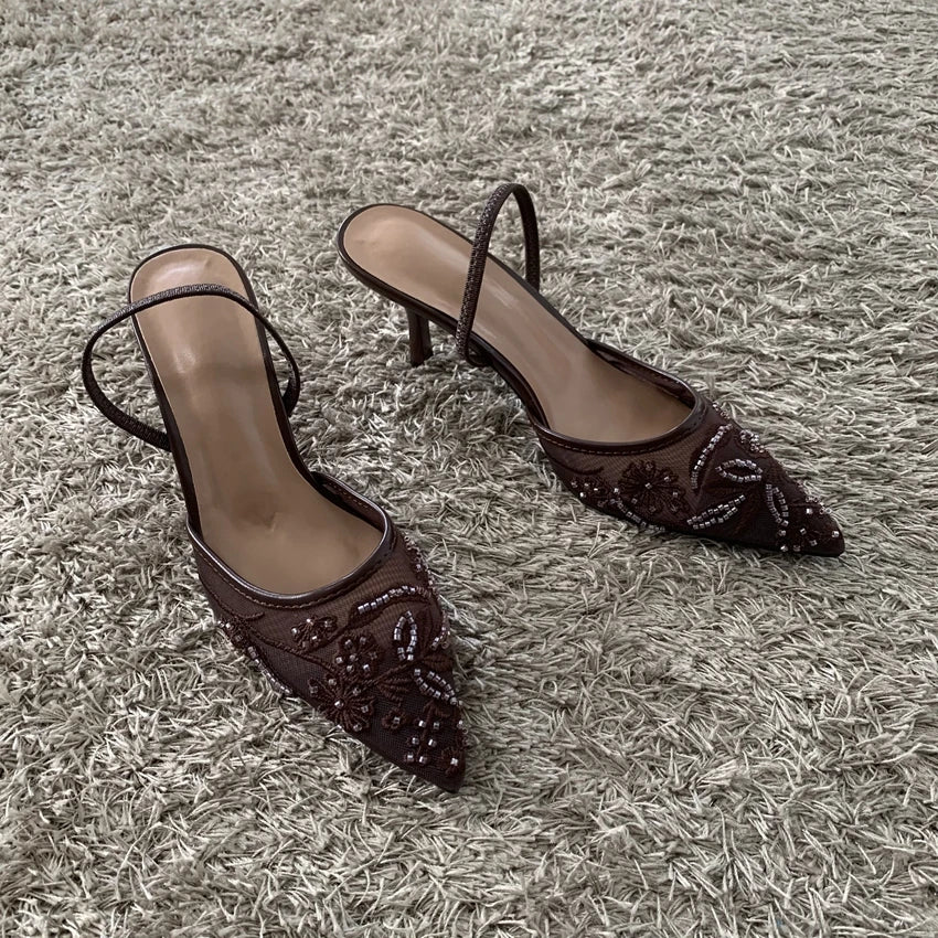 2026 String Bead Mesh Embroider Slingback High Heels Women Sexy Pointed Toe Heeled Sandals Summer Elegant Luxury Designer Shoes Pi-Mart