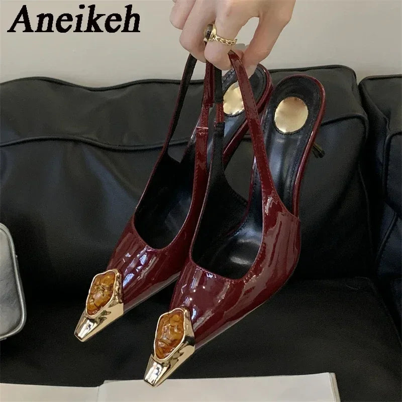 Aneikeh Street Style Design Metal Square Head Diamonds Woman Pumps Sandals Elegant Sexy Low-heel Banquet Prom Slingbacks Shoes LadyShow.Store