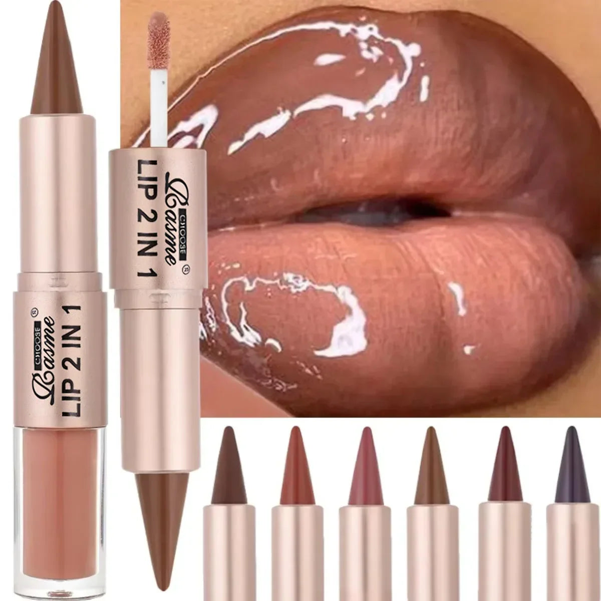 2IN1 Tapered Gradient Lipliner Pen Nude Brown Mirror Glass Lip Gloss Matte Lip Liner Waterproof Lip Contour Non Stick Makeup LadyShow.Store