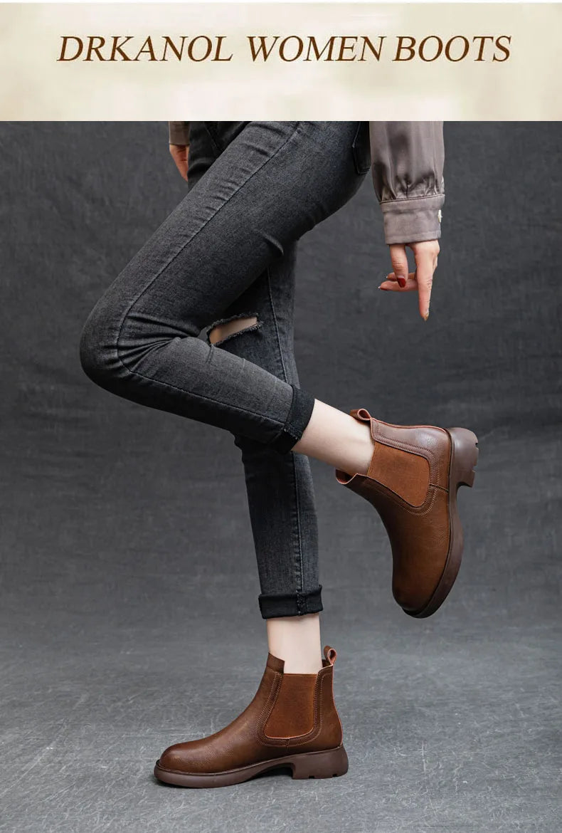 DRKANOL Fashion Women Thick Heel Ankle Boots Autumn Winter Warm Shoes Round Toe Real Cowhide British Style Slip On Chimney Boots Pi-Mart