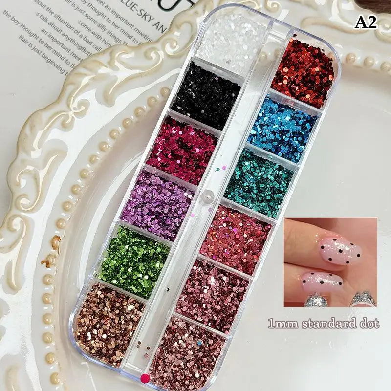 *12 Grids Mixed Mini Circular Colorful Nail Glitter Wave Point Sequin Sparkling Flower DIY Nail Decoration Nail Charms Pi-Mart