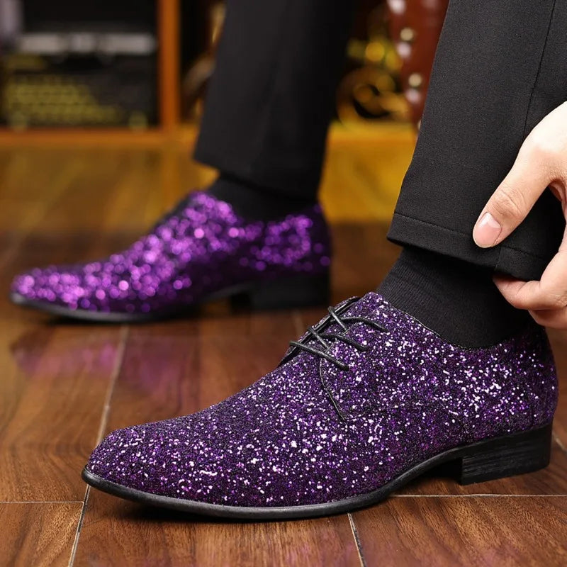 Luxury Men Dress Shoes Gold Silver Sequin Wedding Shoes High Quality Lace-Up  Oxford Shoes Fashion Designer Men Flats Large Size Pi-Mart