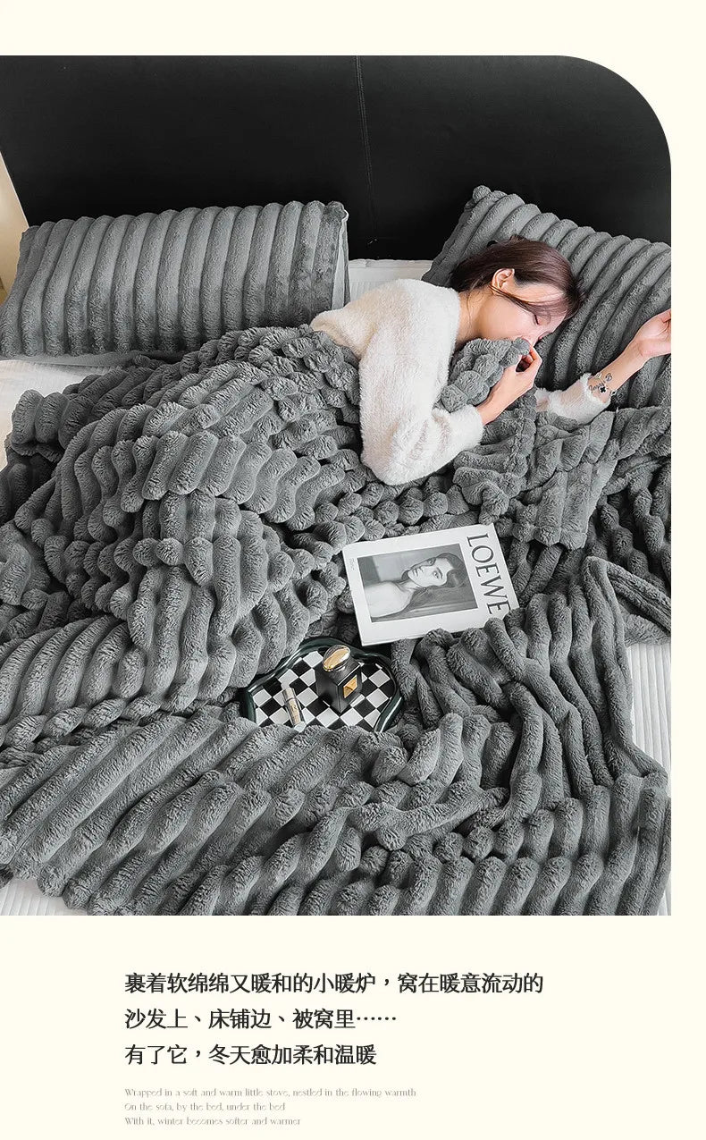 2025 autumn and winter new solid color imitation rabbit fur blanket thickened blanket drawn milk fleece blanket,  no pillowcase Pi-Mart