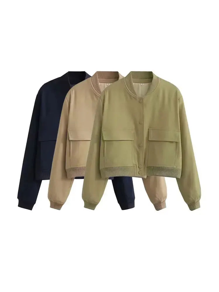 Women Fashion With Pockets Bomber Jacket Coats Vintage Long Sleeve Front Button Casual Female Outerwear Chic Tops LadyShow.Store