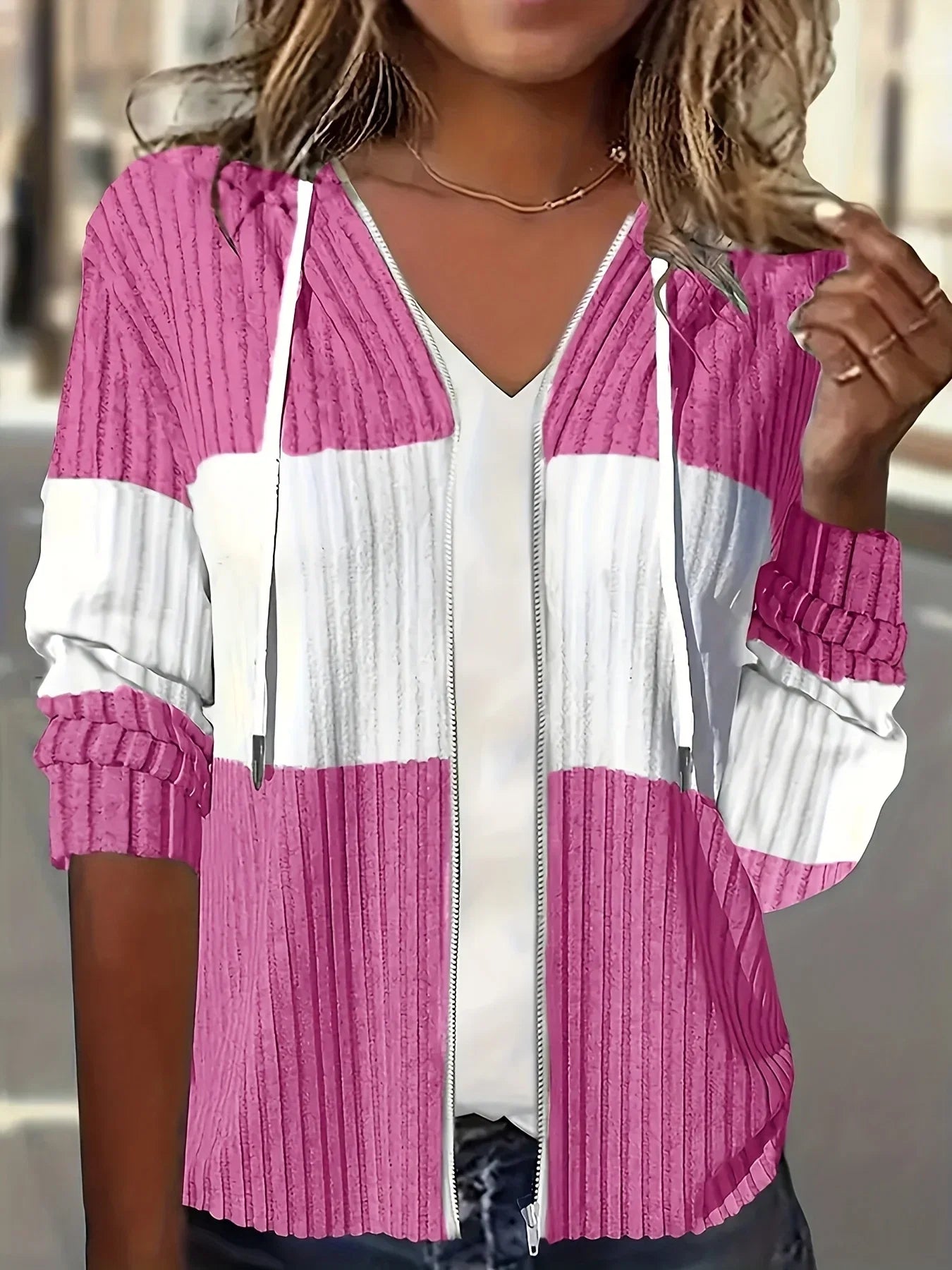 Women's Casual Color Block Hoodie Drawstring Zipper Jacket Streetwear Style with Pockets LadyShow.Store
