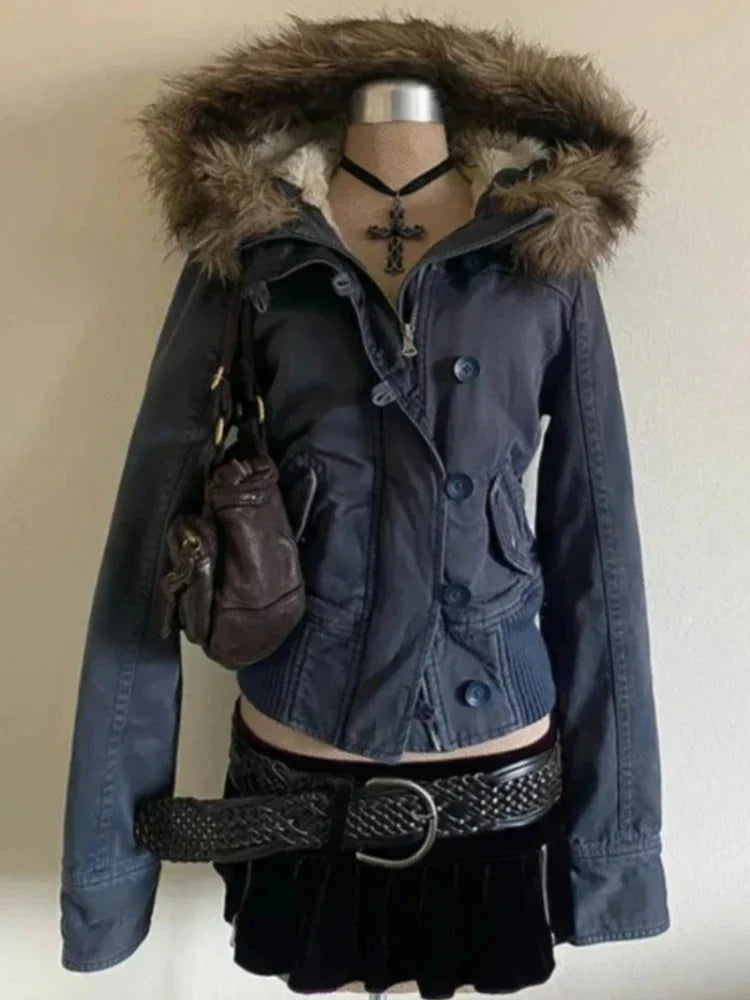 Subculture Harajuku Vintage Safari Coats with Hooded Women Zipper Sweatshirts Casual Streetwear Grunge Jacket Y2k Stand Neck LadyShow.Store