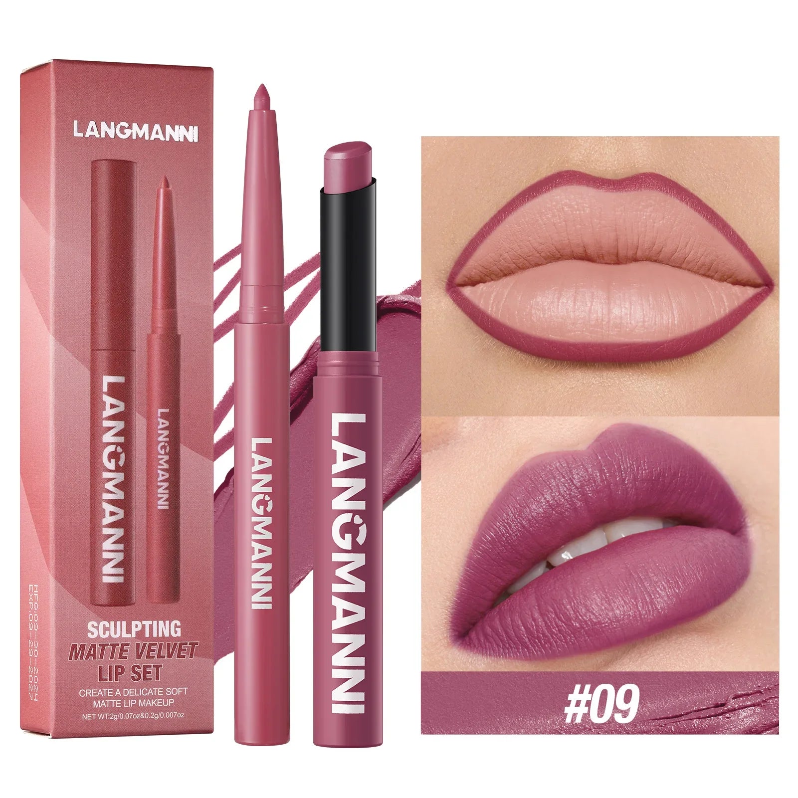 2Pcs/set Matte Soft Mist Slanted Mouth Lipstick + Lip Liner Set Combo Light Matte and Non-Drying Waterproof Non-Stick Lip Set LadyShow.Store